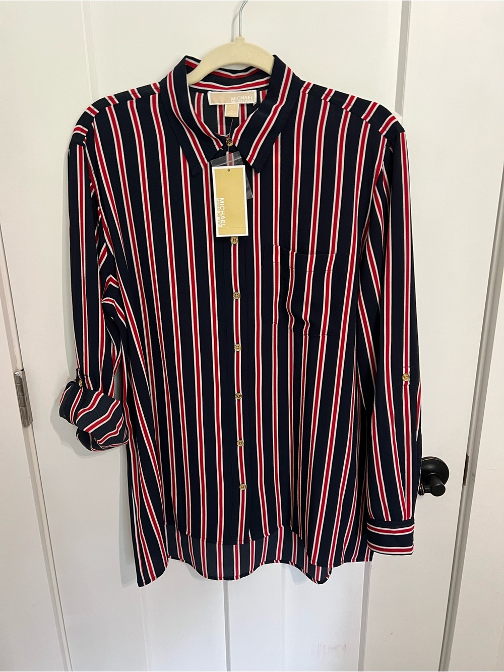 Michael Kors Navy Red White Vertical Stripe Button-Down Shirt - Picture 2 of 3